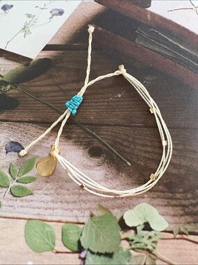 Hand Crafted Waxed Cord Adjustable Bracelet with Gold Toned Teardrop Charm